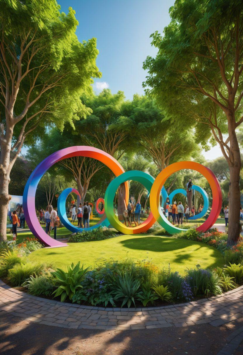An immersive scene depicting diverse individuals sharing experiences in a circular setting, showcasing 360-degree perspectives with a blend of technology and nature. Include vibrant elements like trees, art installations, and digital screens portraying various cultures and interactions around them. Highlight inclusivity through gestures of connection and engagement in a panorama format. super-realistic. vibrant colors. 3D.