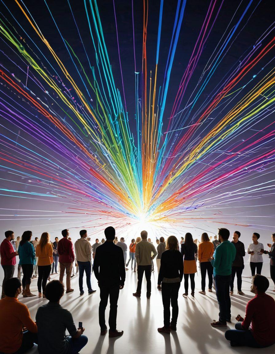 A vibrant community gathering illustrating diverse individuals engaged in sharing ideas and resources. Incorporate a spectrum of colorful elements representing various strategies (like light beams) emanating from a central figure, symbolizing totality sharing. The background should feature a dynamic network of interconnected lines, showcasing connectivity and collaboration. super-realistic. vibrant colors. white background.