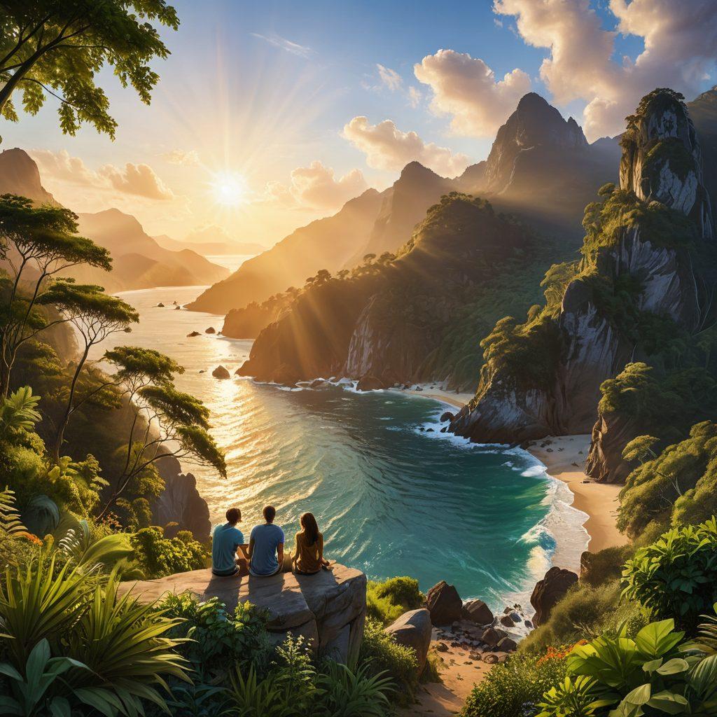 A breathtaking panoramic landscape showcasing diverse natural terrains, seamlessly blending mountains, oceans, and forests. Include silhouettes of people engaged in sharing experiences, with gestures of communication and collaboration. Soft rays of sunlight illuminating the scene, symbolizing inclusivity and connection. Lush greenery in the foreground to evoke a sense of community and engagement. vibrant colors. super-realistic.